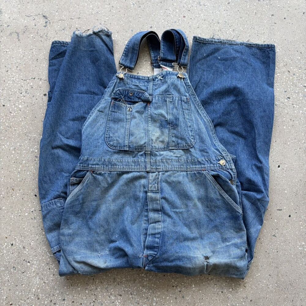 Vintage 50s Blue Low-Back Workwear Denim Overalls 38x29